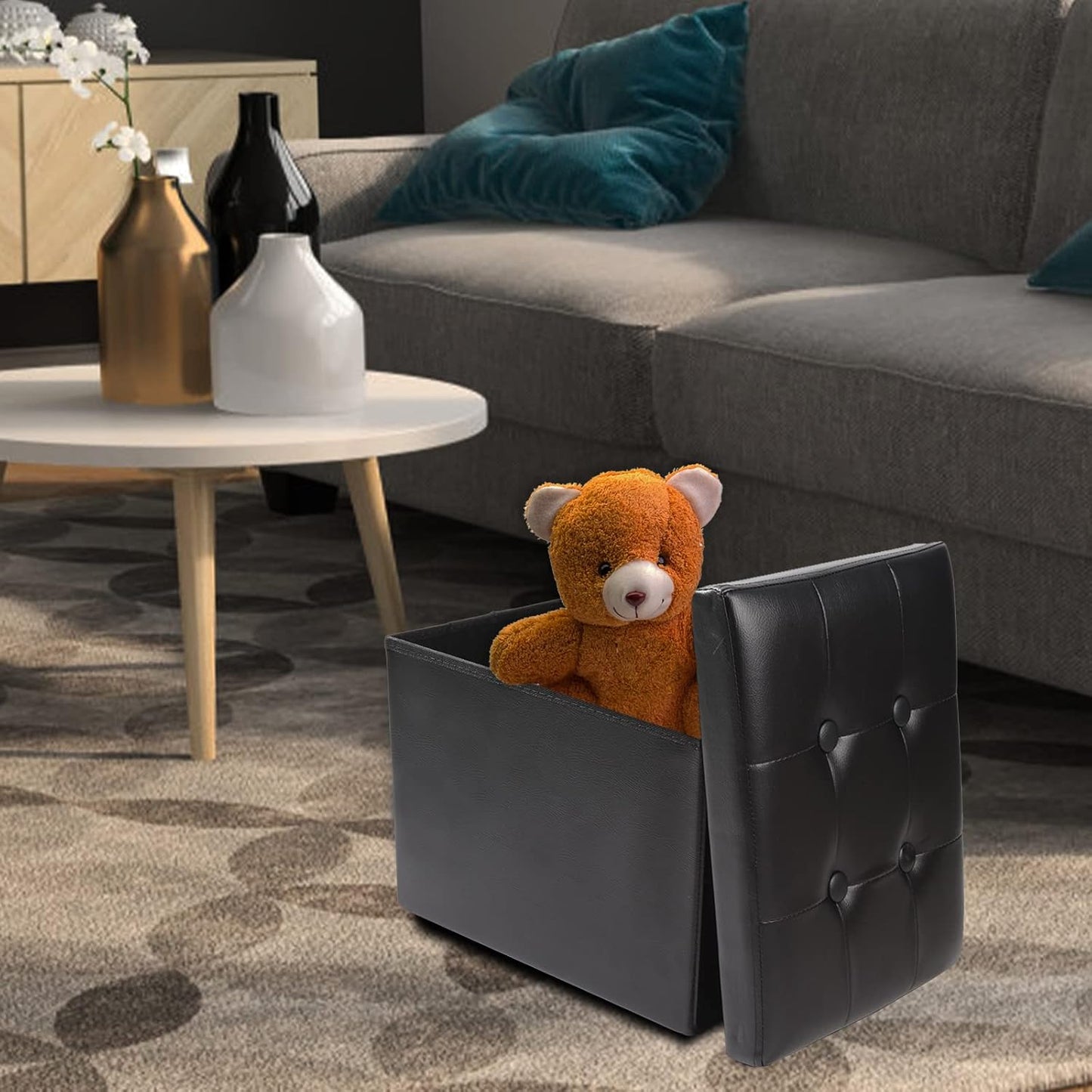 ALASDO Storage Ottoman Footrest Stool Small Ottoman with Storage Foldable Ottoman Leather Foot Rest Footstool Bench for Living Room 17x13x13inches Black