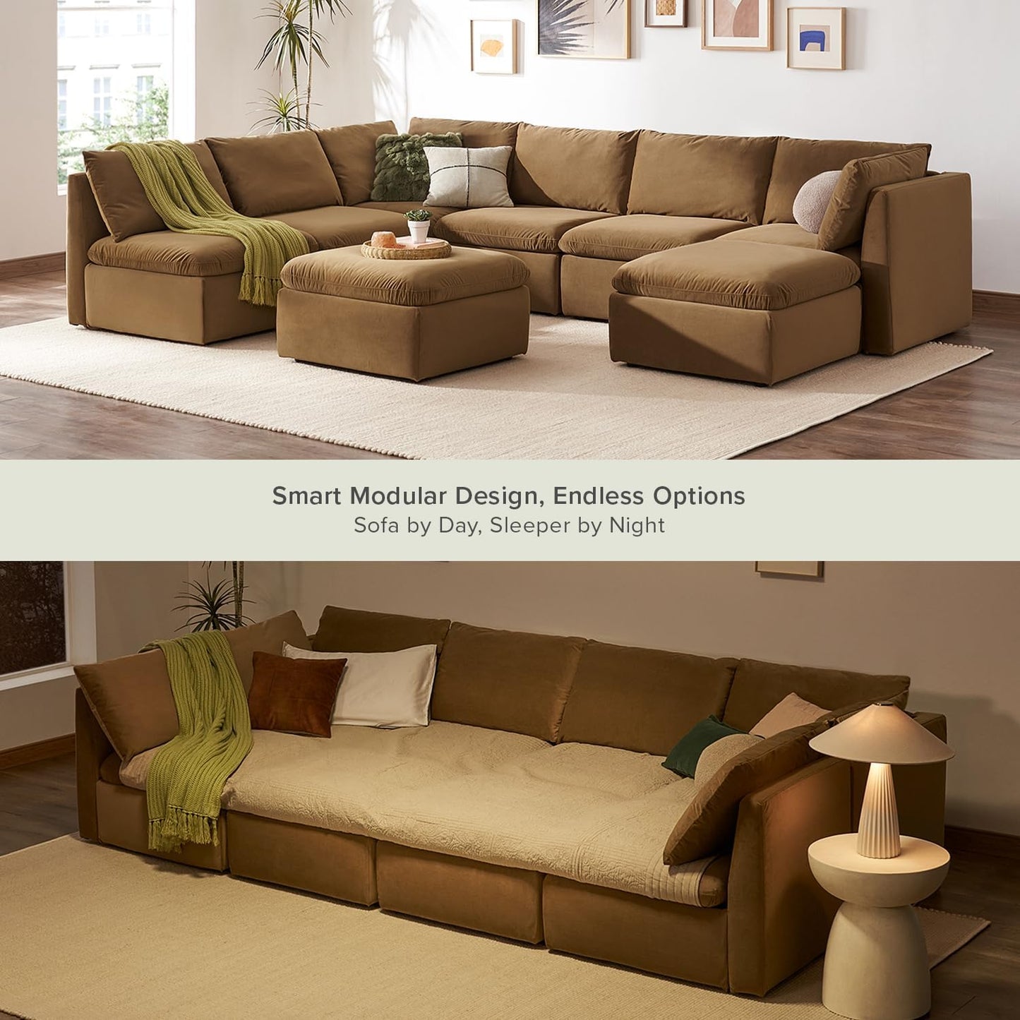 mopio Oversized Modular Sectional Sofa with Fully Removable Covers and Storage, Convertible U, L-Shaped and Sleeper Sectional, Modern Couches with Ottoman Chaise (Hazelnut Velvet, 8 Seats, Sleeper)