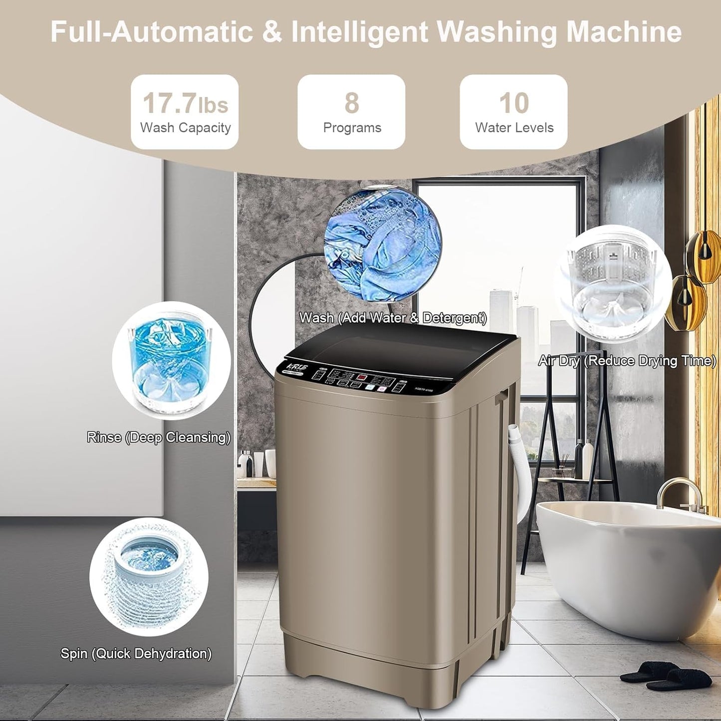 17.7 lbs Full Automatic Washing Machine with LED Display Compact Washing Machine with Drain Dump, 10 Wash Programs and 8 Water Levels Ideal for Dorms, Apartments, RV, Gold, KB03 GOLD6-3