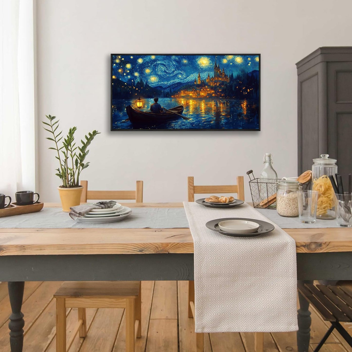 Wall Art Canvas Print Starry Night Over the Rhone by Van Gogh 24 x 48 inches Framed Home Artwork Decor Canvas Art Painting Living Room for Bedroom Office Wall Décor