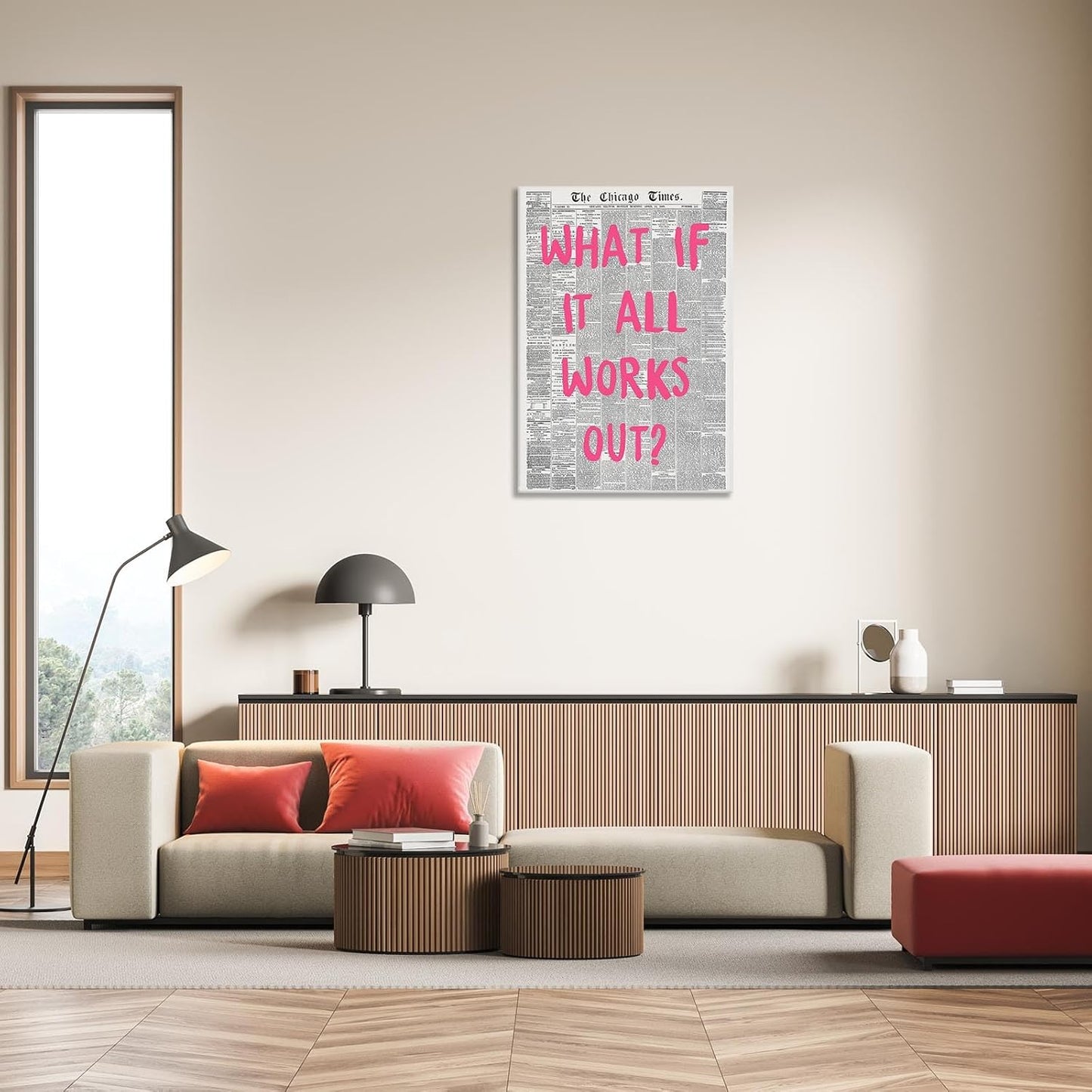 Liyark Retro Trendy Newspaper Canvas Wall Art What If All Works Out Poster Black And White Wall Art Positive Affirmation Quote Wall Art Pink Font Wall Decor Minimalist Home Decor 16x24in Framed