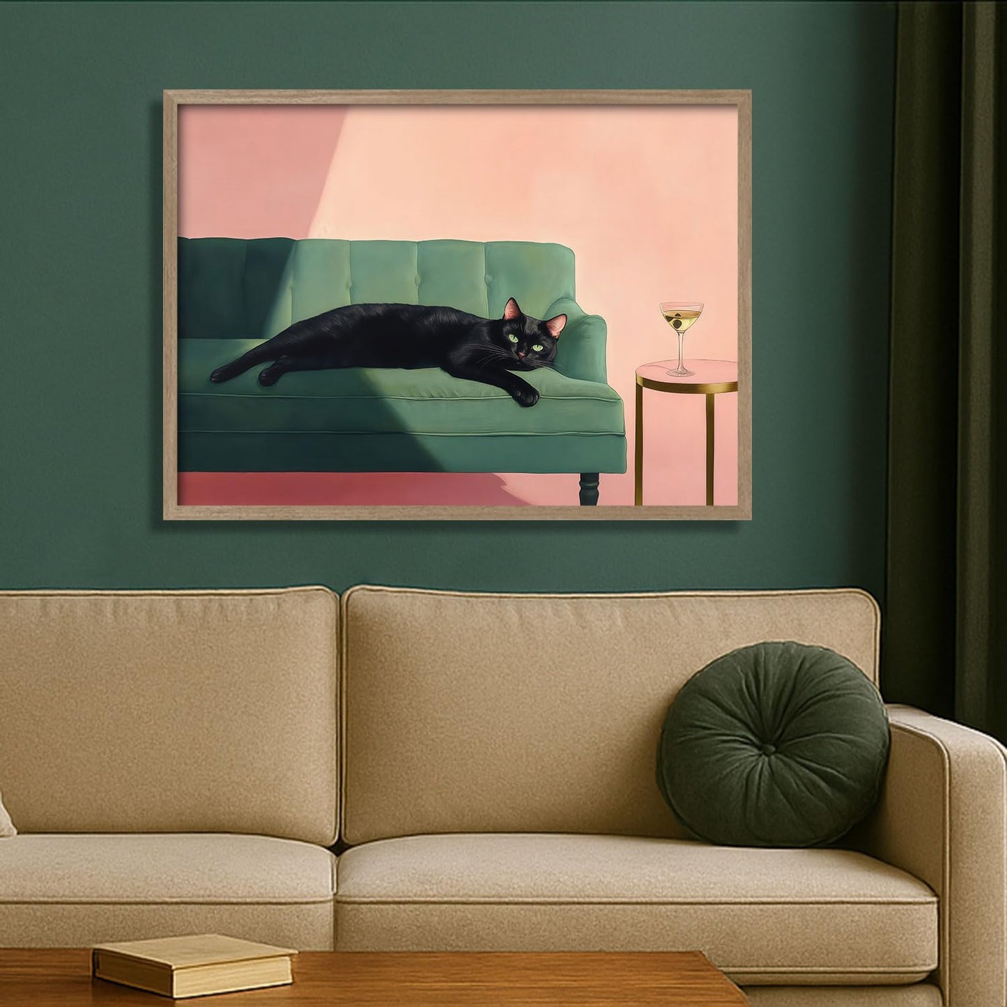 Wood framed black cat wall art modern style canvas print lazy black cat poster picture decoration painting gallery style artwork suitable for living room bedroom decoration 16x24 inch