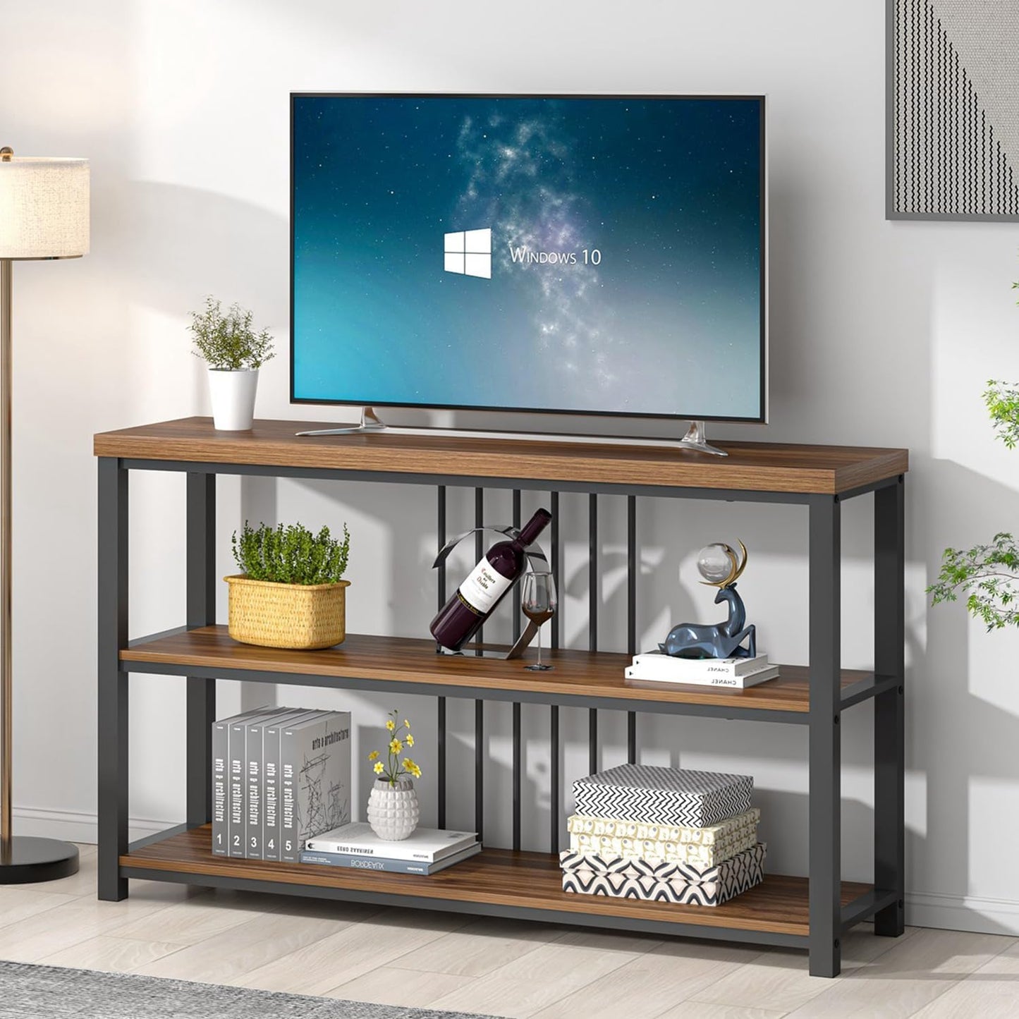 FOLUBAN Console Table for Entryway, Narrow Sofa Table with 3 Tier Storage Shelf for Living Room Hallway Behind Couch, Rustic Walnut