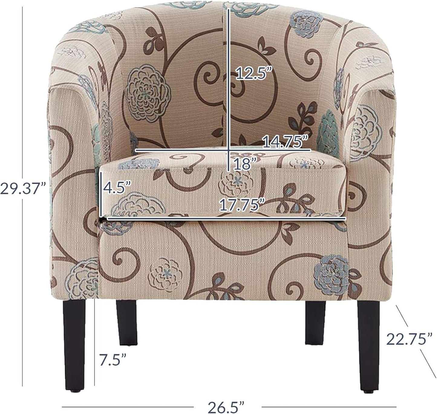 BELLEZE Living Room Chair, Linen Round Accent Barrel Chair, Club Tub Sofa Chair for Bedroom, Corner Chair with Flared Legs and Cozy Soft Padding - Highland (Floral Print)