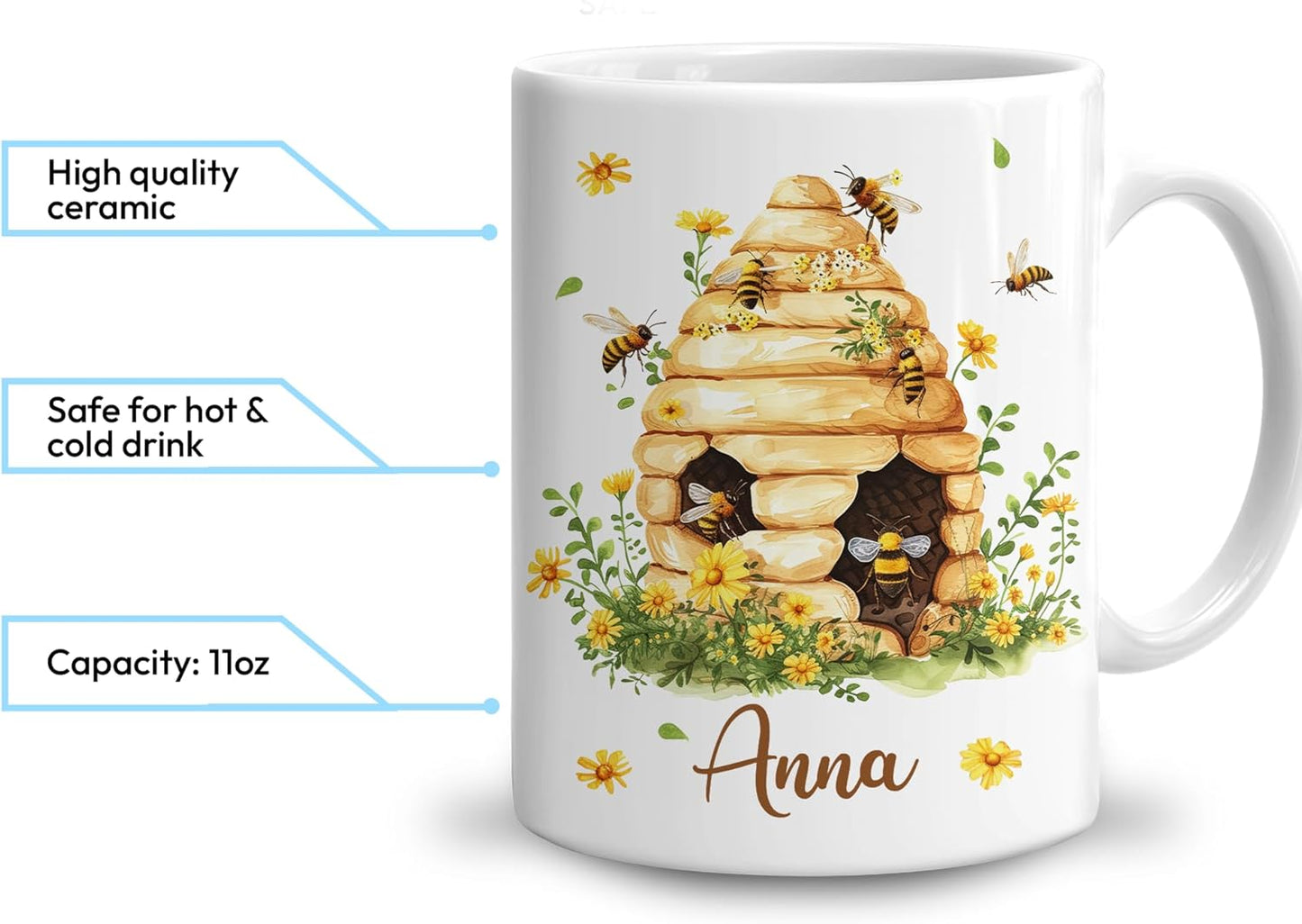 Hyturtle Personalized Bee Mug - Bee Keeper Gifts For Women - Honeybee Gifts For Lovers - Animals Present For Lovers On Birthday - Teacher Appreciation Present - Custom Coffee Cup Ceramic Mug 11 15 Oz