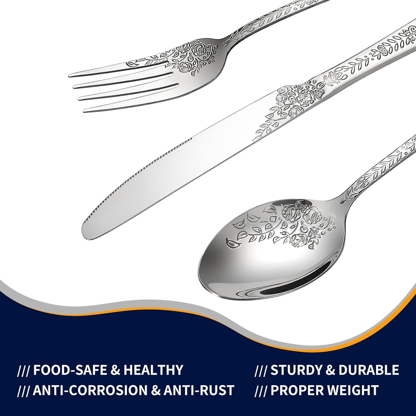 Floral 40 Pcs Silverware Set for 8, Food Grade Stainless Steel Flatware Set with Rose Flower Embossed Design, Eating Utensils Sets Include Fork/Knife/Spoon, Reusable Cutlery Set, Dishwasher Safe