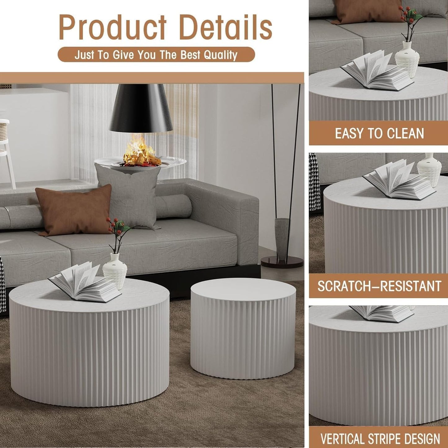 Round Coffee Table Set of 2, Nesting Coffee Table and End Table Set Small Circle Drum Side Table for Living Room Office, No Assembly (B White Large)