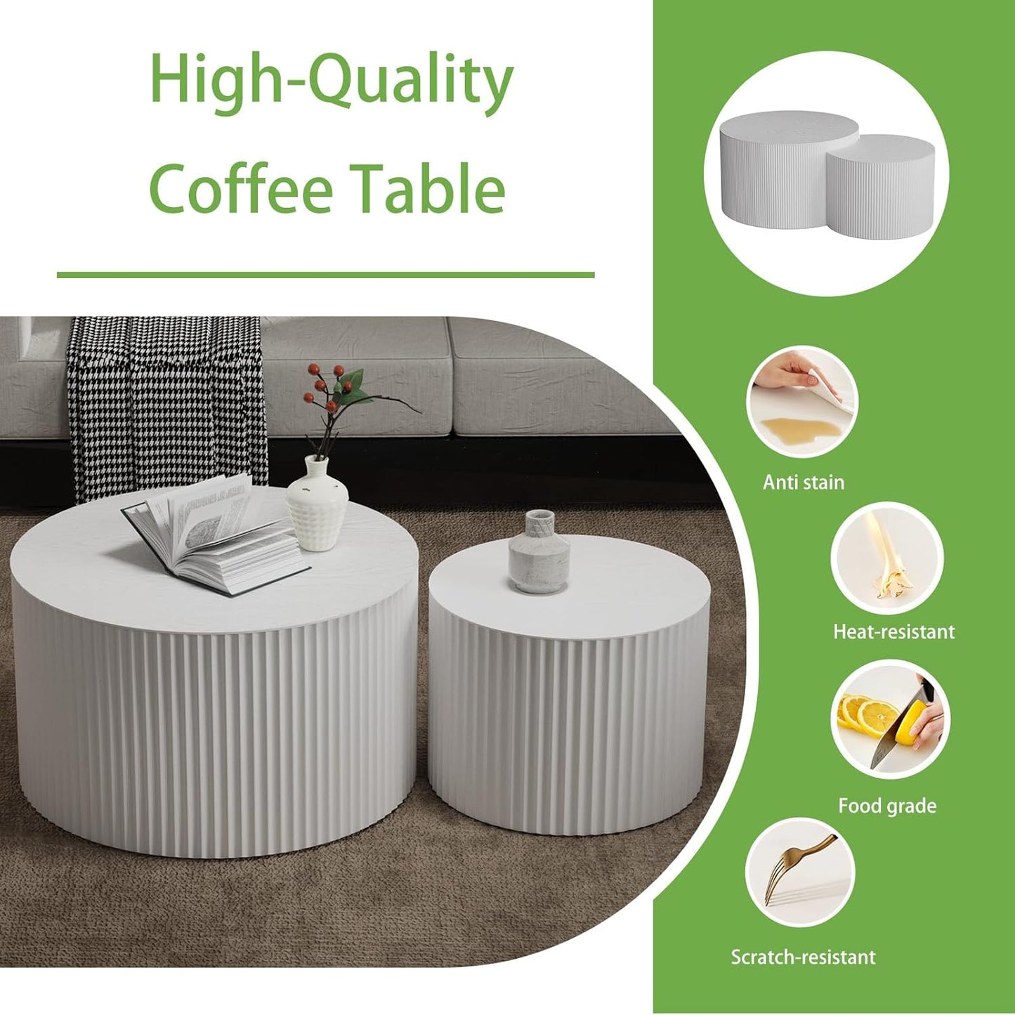 Round Coffee Table Set of 2, Nesting Coffee Table and End Table Set Small Circle Drum Side Table for Living Room Office, No Assembly (D White Crescent)