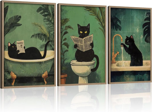 3 Pcs Wooden Framed Cute Black Cat Bathroom Wall Art Modern Style Canvas Prints Funny Posters Pictures Decorative Paintings Artworks Suitable for Living Room Bedroom Bathroom Gallery Style Design 16x24 In