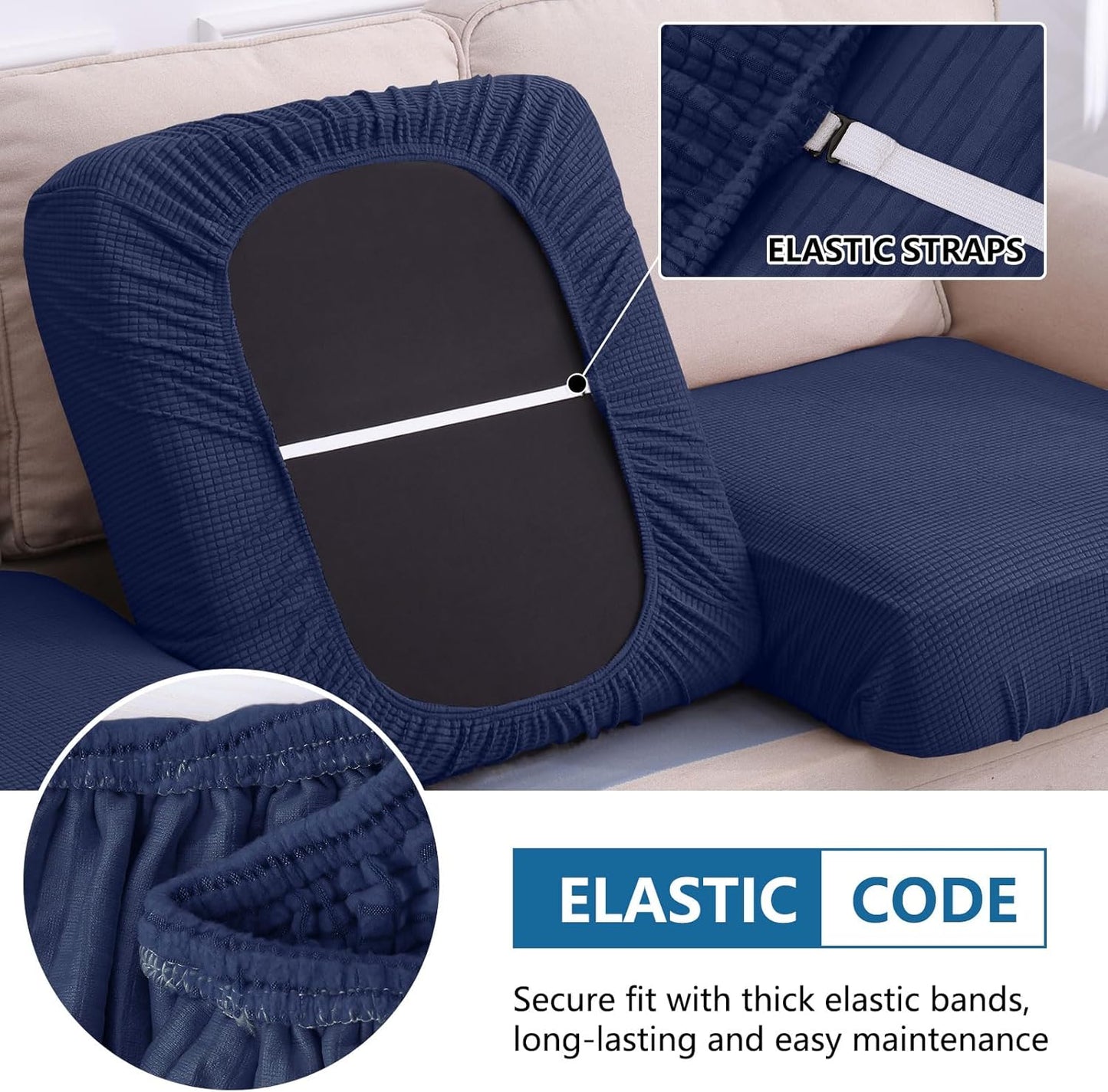 hyha Waterproof Couch Cushion Covers for Pets, Non Slip Sofa Seat Cover for Dogs Washable, Soft Thick Stretch Jacquard Fabric, Sofa Slipcovers with Elastic Bottom (1 Chaise+2 Seater, Navy)