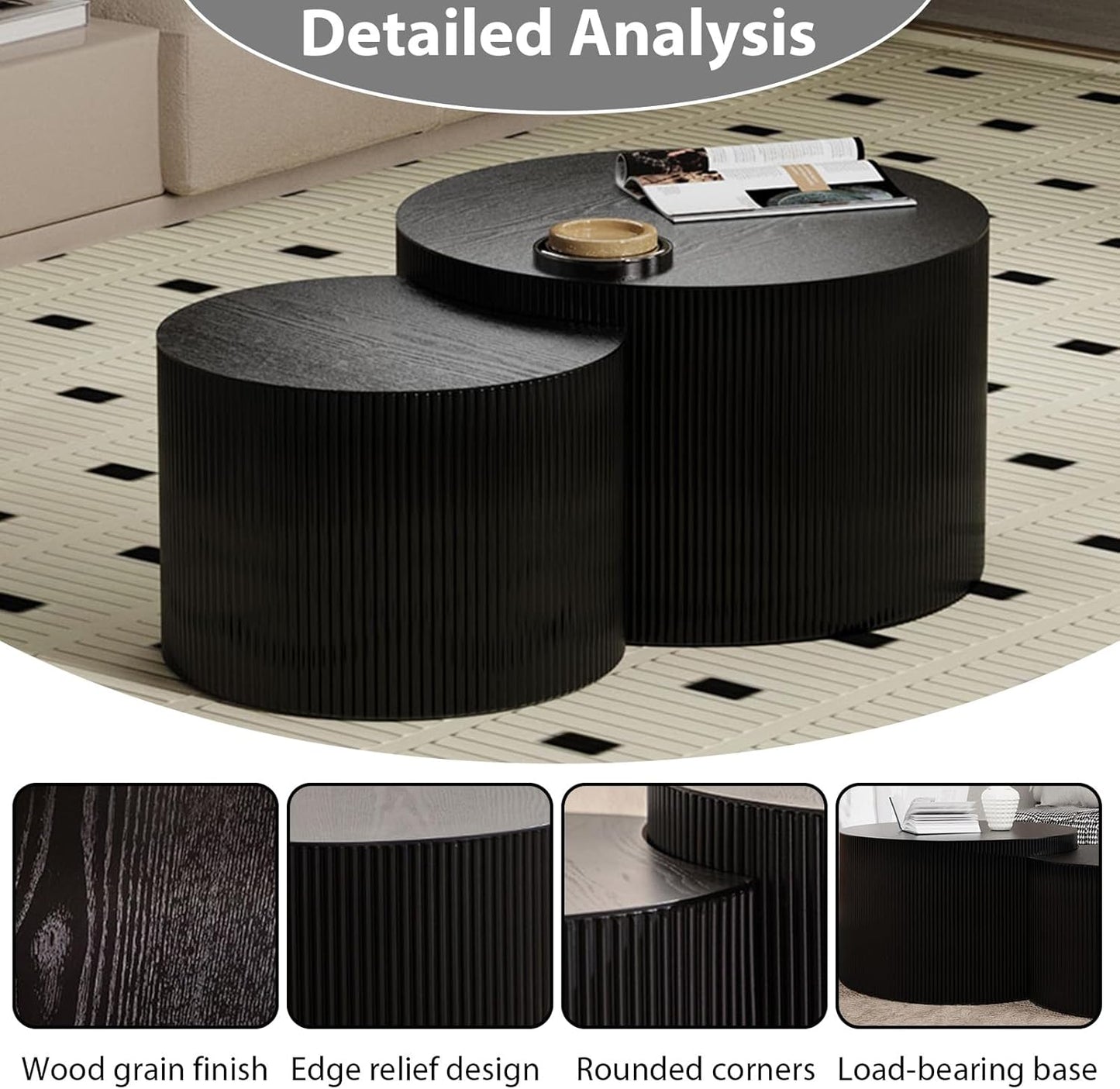 Round Nesting Coffee Table Set of 2 Handcraft Circle Fluted Nesting Coffee Tables Circular Side Table Drum Accent End Tables for Living Room Bedroom (Black Small)