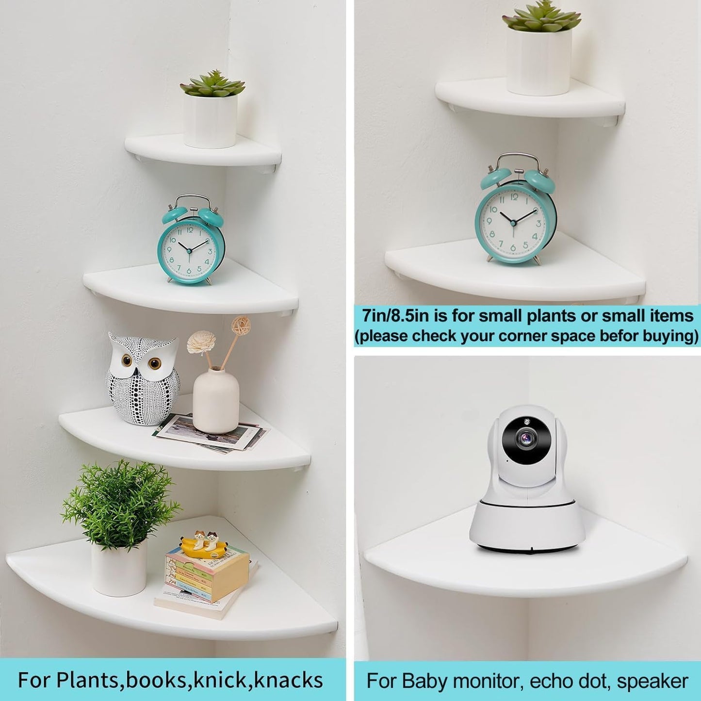 Corner Shelf, Solid Oak Wood Floating Corner Shelf Wall Mount Round End Floating Speaker with Wire Hole for Small Plant Photo for Bedroom Kitchen, Living Room White