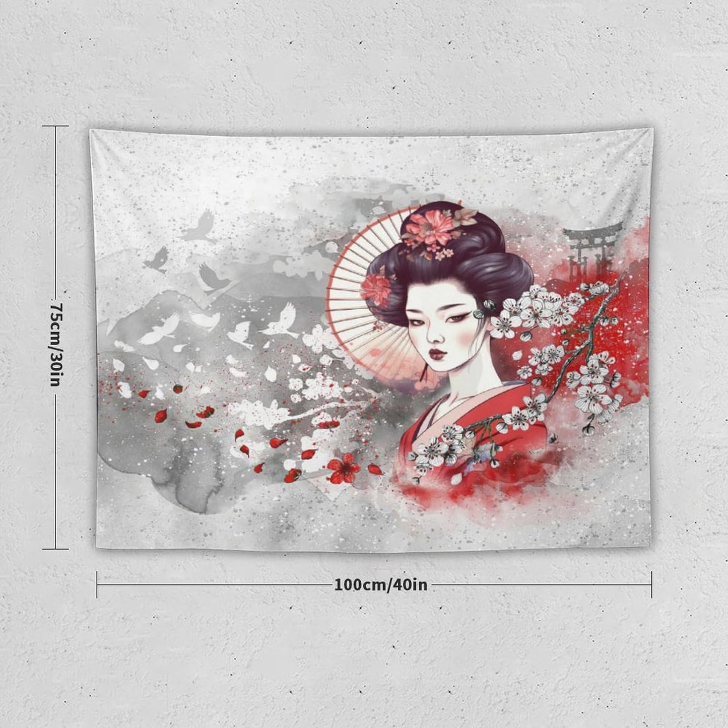 Japanese Geisha Tapestry Asian Red Cherry Blossom Traditional Kimono Folk Tapestries Home Decor for Living Room Bedroom Apartment Farmhouse Dorm 40"x30"