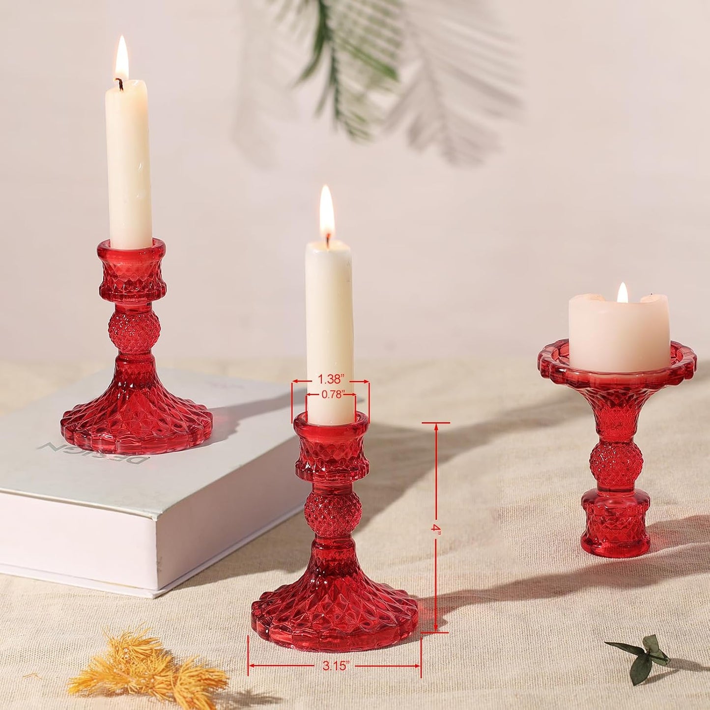 12Pcs Red Candlestick Holders Set- 4" H Taper Candle Holders Bulk, Glass Candle Holders for Activities, Party, Romantic Dinner Table Centerpieces, Festival Gifts & Windowsill Decor
