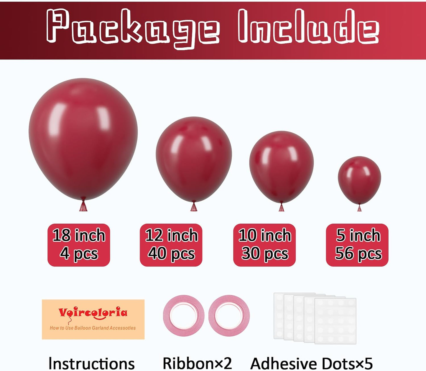 130pcs Burgundy Balloons Different Sizes 18" 12" 10" 5" Wine Red Balloons for Birthday Graduation Bride Baby Shower Wedding Decorations