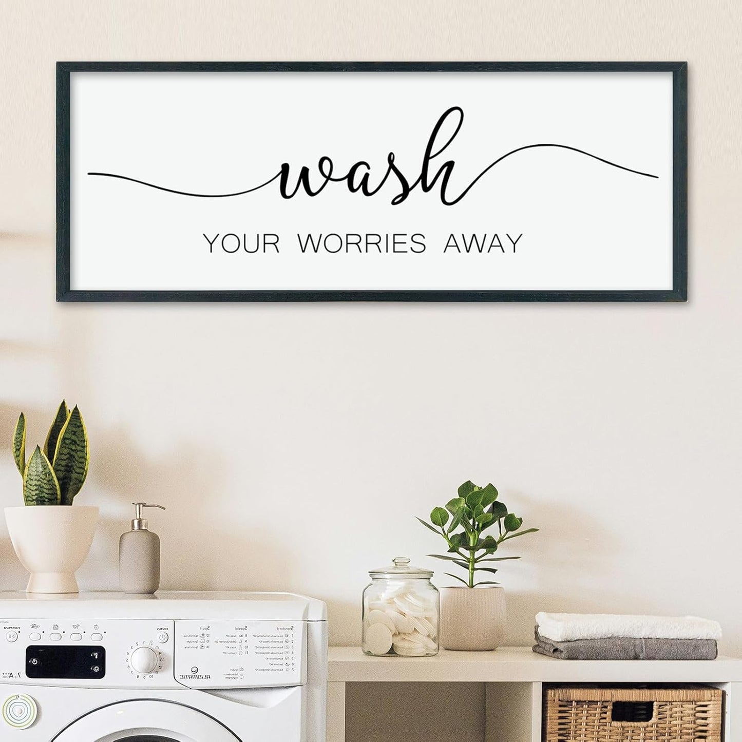 LuZhiQiang Wash Your Worries Away Sign Bathroom Wall Art Decor 40"×15" Large Wood Framed Laundry Room Funny And Artwork Wall Hanging (Black)