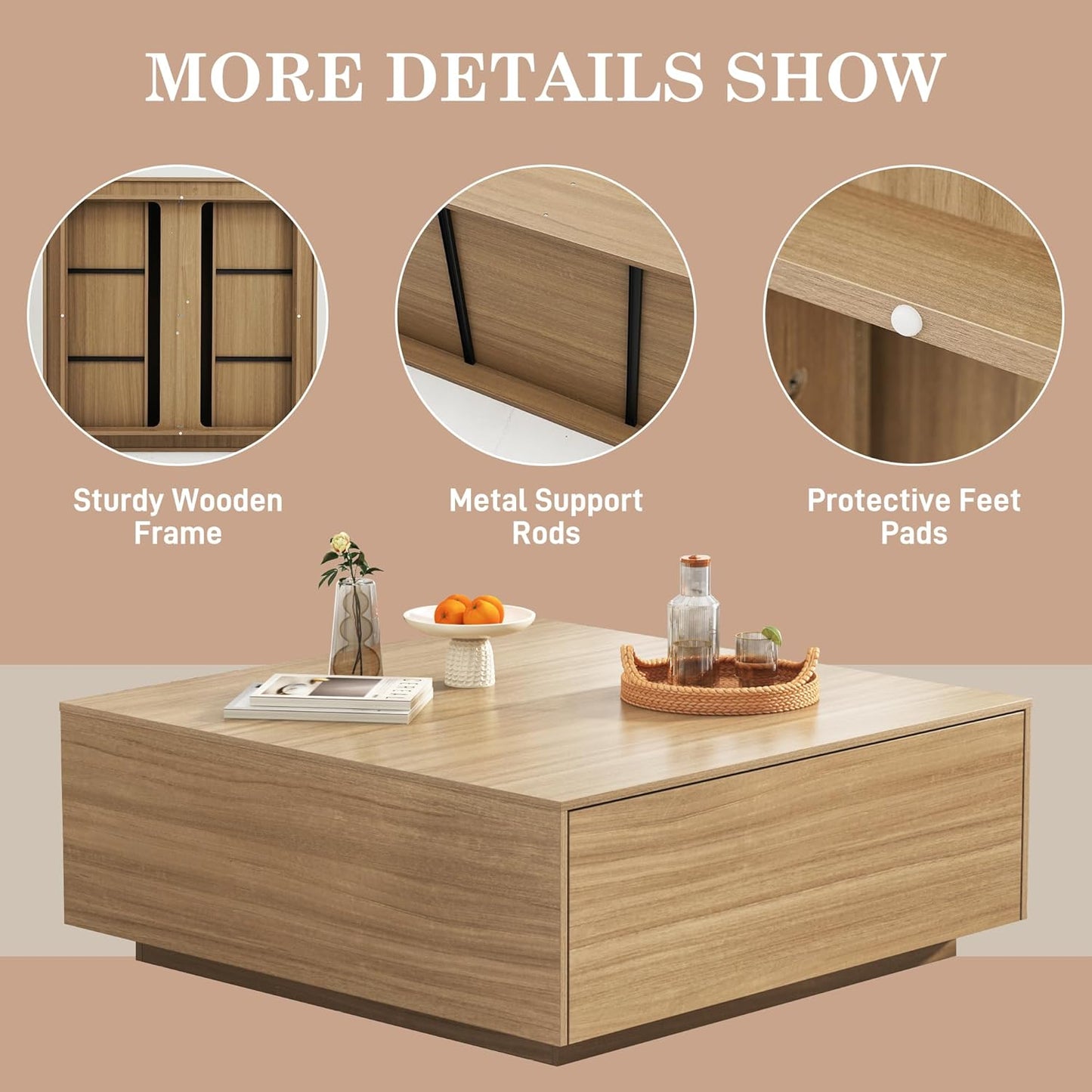 43” Square Coffee Table with Storage, 43" D x 43" W x 17" H Modern Large Square Center Table with 2 Drawers, Wood Coffee Table for Living Room, Light Brown,Bedroom,Light Brown