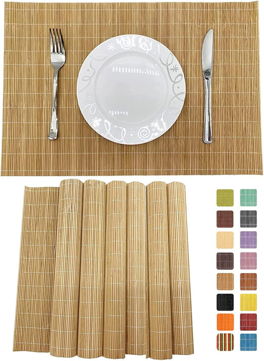 ANDSTAR Set of 6 Bamboo Placemats 17.7X11.8Inch Sushi Rolling Mat Japanese Style Bamboo Mat Natural Place Mats Washable Heat Resistant Table Mats for Dinner Dining Table Wedding Parties（Brown）