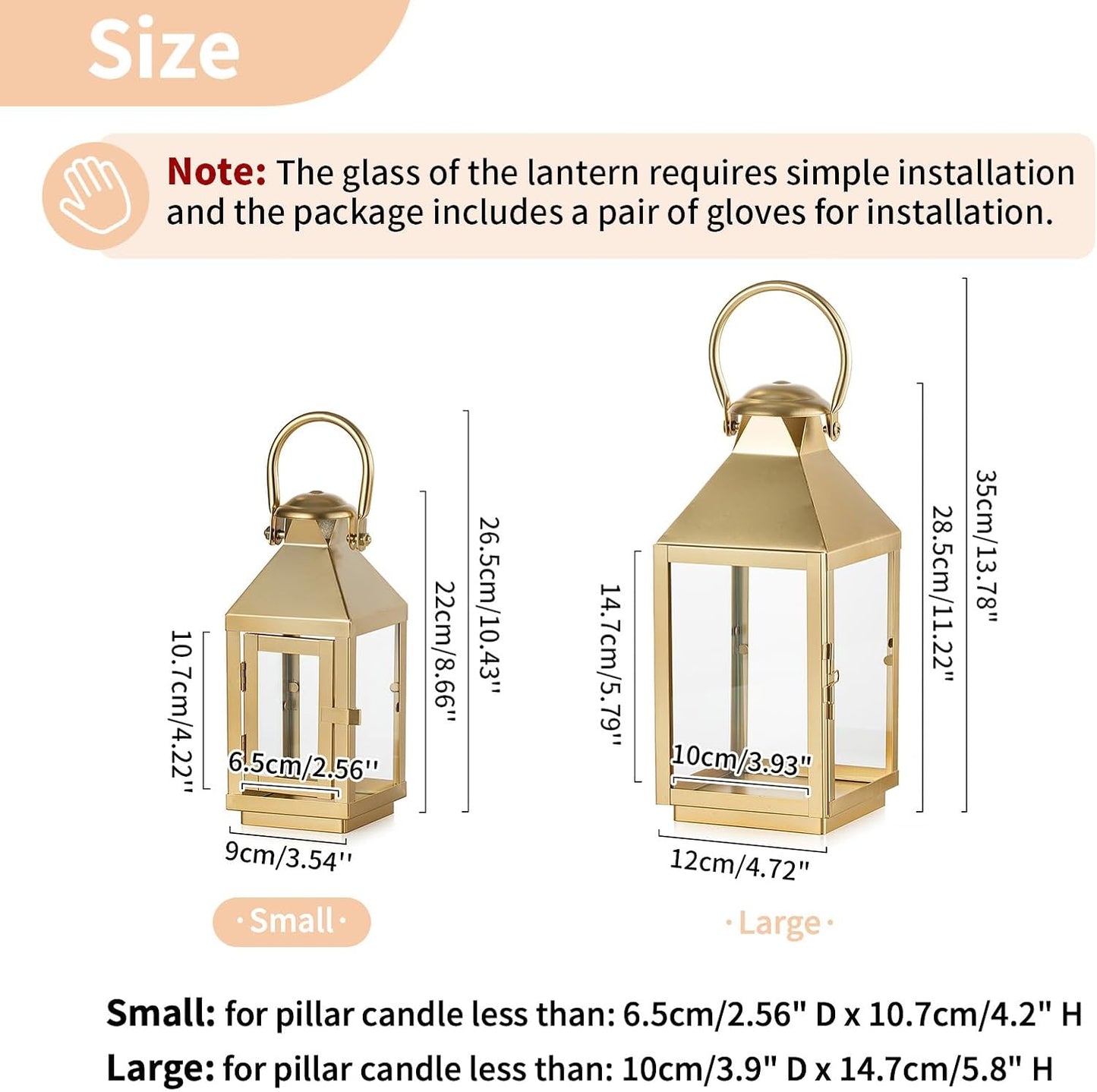 NUPTIO Gold Lanterns Decorative Indoor: 8.6 Inch Tall Metal Lantern with Glass for Pillar Candle - Fireplace Decor for Christmas Home Living Room Mantle Porch Wedding