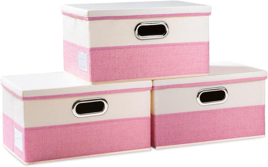 PRANDOM Collapsible Storage Bin with Lid [3-Pack] Fabric Foldable Storage Box Organizer Container Basket Cube with Cover for Home Bedroom Closet Office Nursery Pink&Cream(14.9x9.8x9.8)