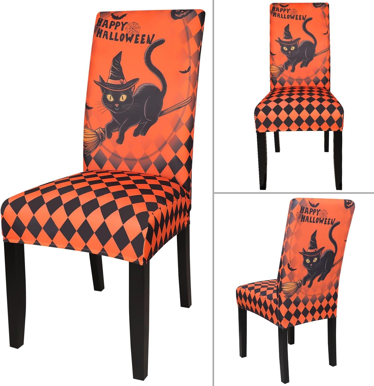 JQinHome Orange Halloween Chair Slipcover,Cat Chair Covers Set of 4, High Stretch Washable Chair Protector Cover for Dining Room, Kitchen,Home Party,Wedding Ceremony(Cat Orange,4PC)