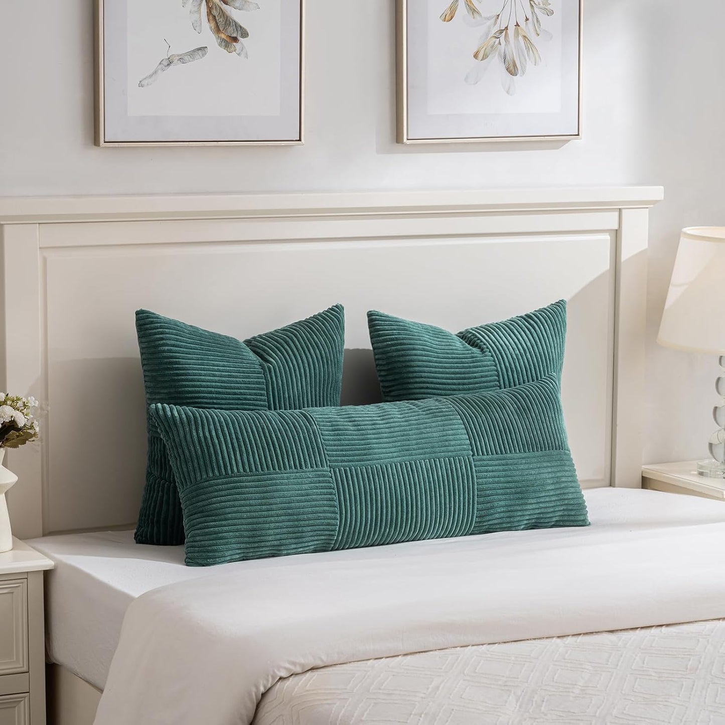 Fancy Homi Set of 2 Teal Boho Long Lumbar Body Decorative Throw Pillow Cover 14x36 Inch for Bed Couch Bedroom Bench, Soft Patchwork Corduroy Textured Pillow Case, Rustic Farmhouse Room Décor