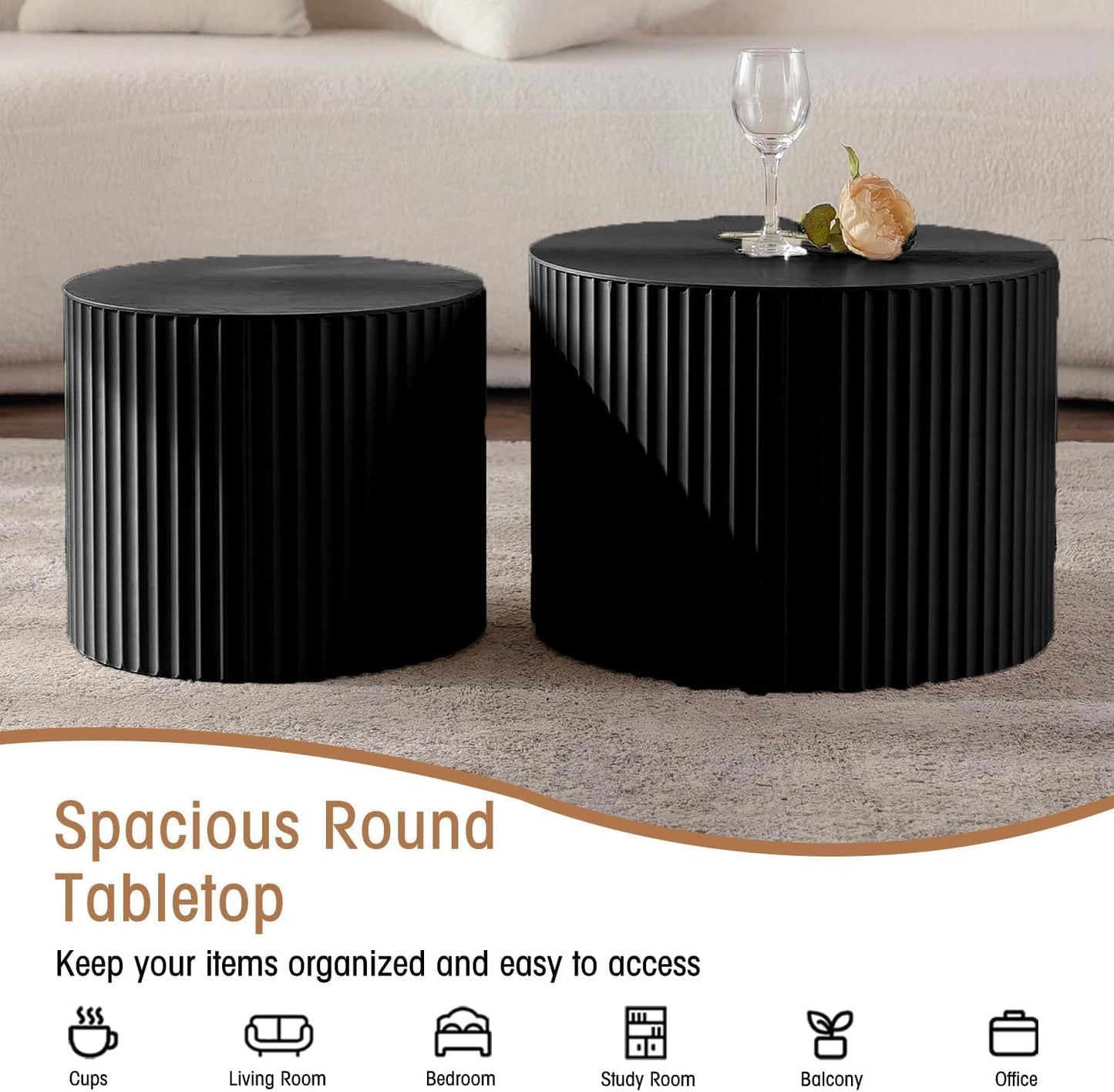 Round Coffee Table Set of 2, Nesting Coffee Table and End Table Set Small Circle Drum Side Table for Living Room Office, No Assembly (A Black Small)