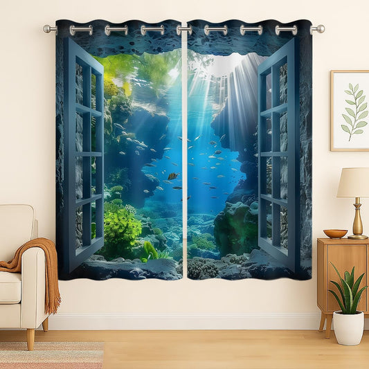 Ocean Fishs Blackout Curtains for Girls Boys Home Decor, Underwater Tropical Fish Undersea Coral Grommet Thermal Insulated Drapes Darkening Window Curtain for Bedroom Living Room, 55 x 63 Inch