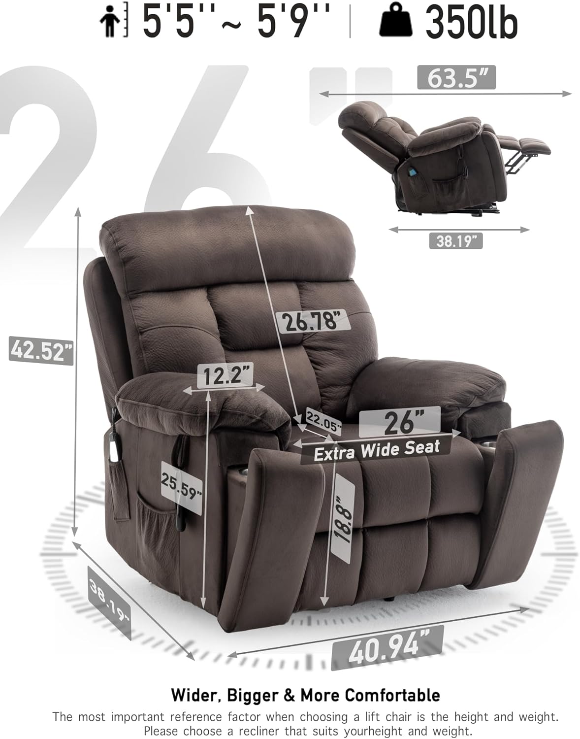 Large Power Lift Chairs Recliners for Elderly with Heated and Massage, Lazy Boy Recliner Chair with 26in Extra Wide Seat, Hidden Cup Holder, Side Pocket