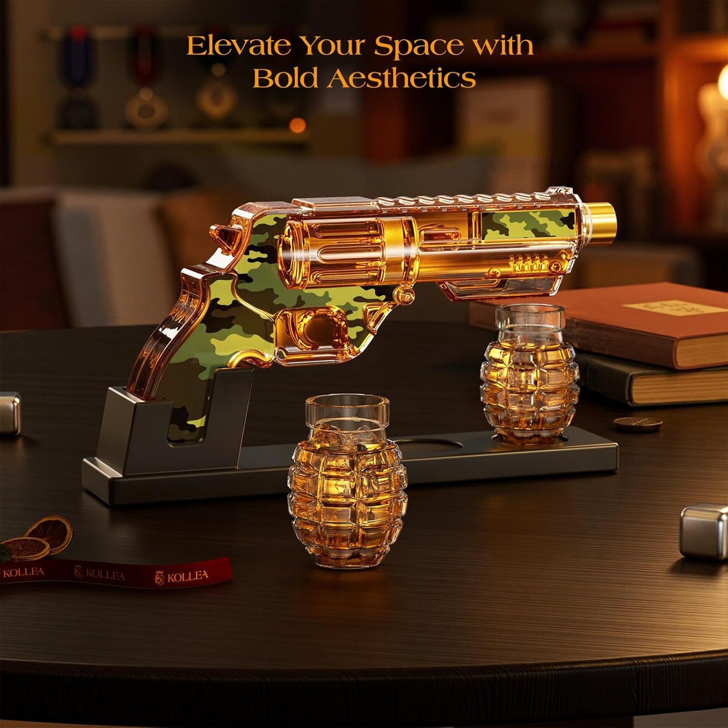 Kollea Camouflage Whiskey Decanter Sets with Grenade Shot Glasses, Anniversary Birthday Gifts for Him, Holiday Gifts for Father, Brother, Husband, Boyfriend, Military Present, Bar Drinking, 12.8 oz