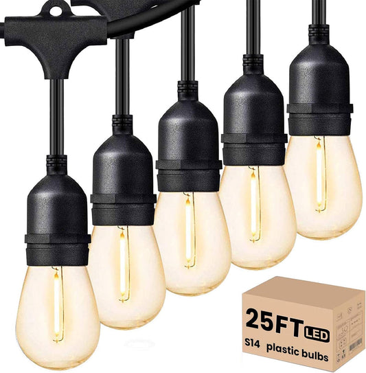 Svater Outdoor Led String Lights 25 FT, Patio Lights for Outside with 9pcs S14 Shatterproof Bulbs, 1 Watt E26 Dimmable, IP65 Waterproof, Commercial Grade Bistro Light 2700K Warm White