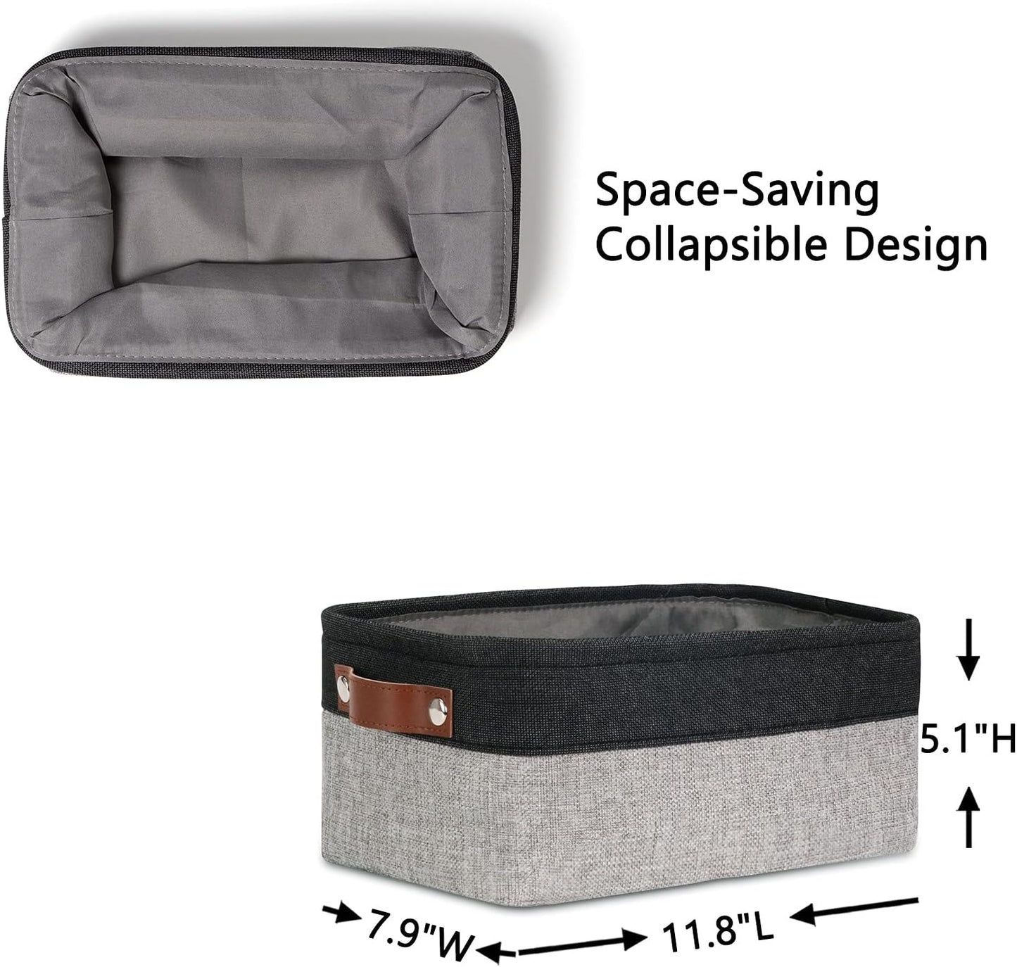 DULLEMELO Small Storage Baskets for Shelves, Small Fabric Collapsible Rectangular Storage Bins for Shelves, Closets, Nursery, Home, Office, Empty Gift Baskets (6-Pack, Black&Gray)