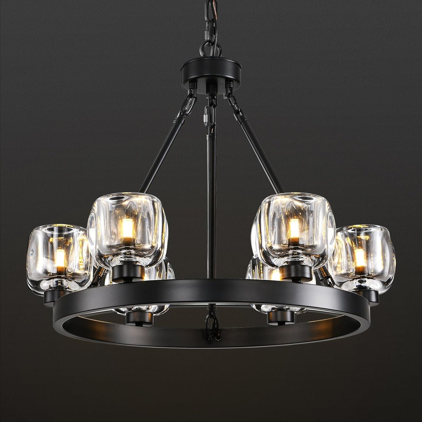 Black Wagon Wheel Chandelier, 24 Inch Black Chandeliers with Unique Glass Shade, 6-Light Crystal Farmhouse Wagon Wheel Chandeliers for Dining Room, Round Chandelier for Living Room, Foyer, Entryway