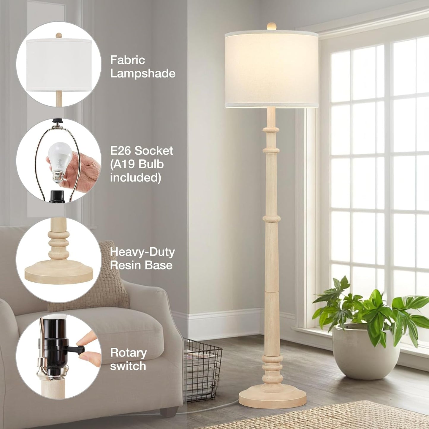 Floor Lamps for Living Room - 60" Resin Farmhouse Floor Lamp with 3 Color Temperatures - Vintage Standing Lamp Reading Light with Linen Shade Rustic Tall Lamp for Bedroom Office, Oatmeal Wash