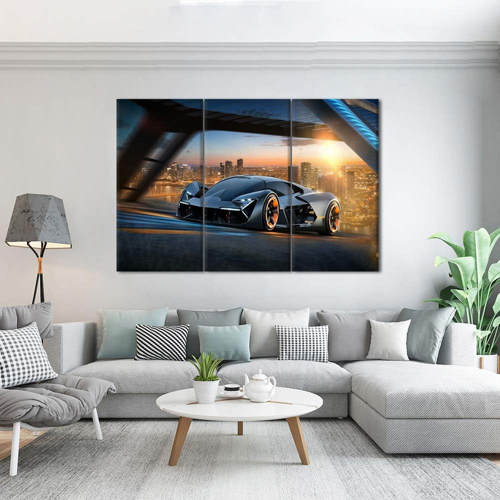 Wall Art for Living Room Black Sports Car Paintings Fantasy Scenery Pictures Contemporary Artwork Printed on Canvas Home Decor Giclee Framed Stretched Ready to Hang Gift - 40 x 20inch x 3 panels