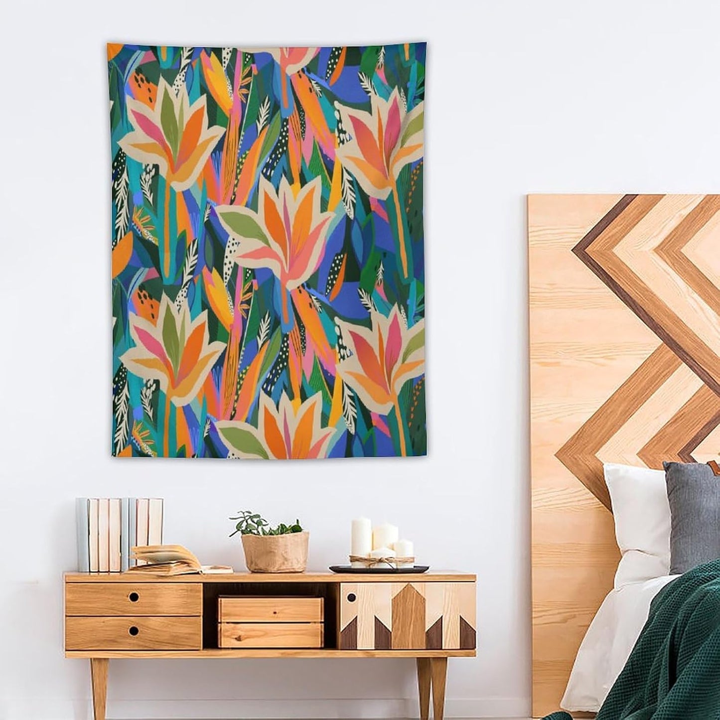 ICMOLYYENLO Boho Green Leaves Tapestry, Mid Century Abstract Tropical Palm Leaves Modern Minimalist Geometric Wall Hanging, Neutral Home Decor Art for Living Room Bedroom Dorm 50x60 Inch