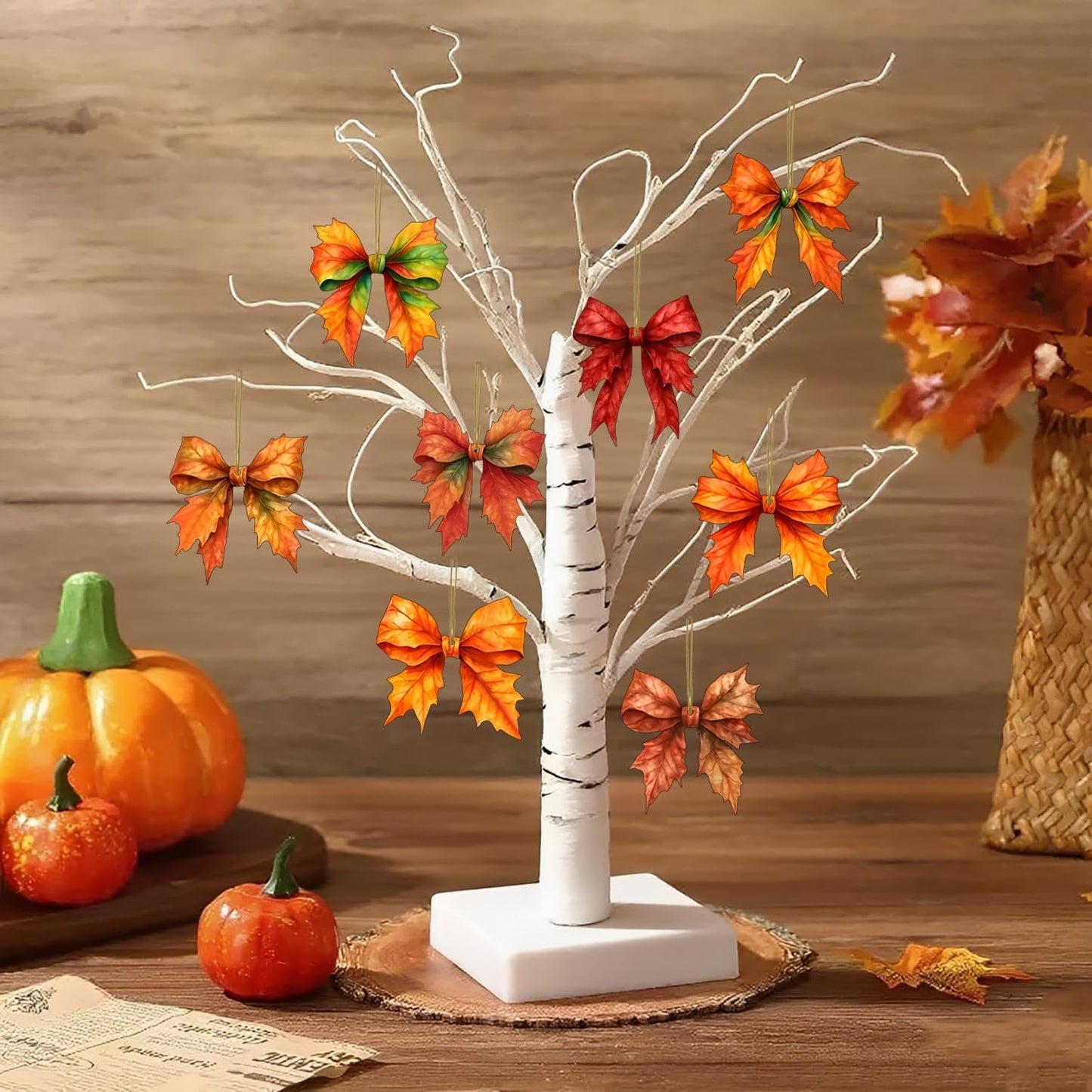 8 Pcs Fall Tree Ornaments Decoration Autumn Leaf Hanging Ornaments 2D Flat Acrylic Pendants Bow Shape Maple Leaf Designs Hanging Ornaments for Home Autumn Festival DIY Craft Supplies Decor