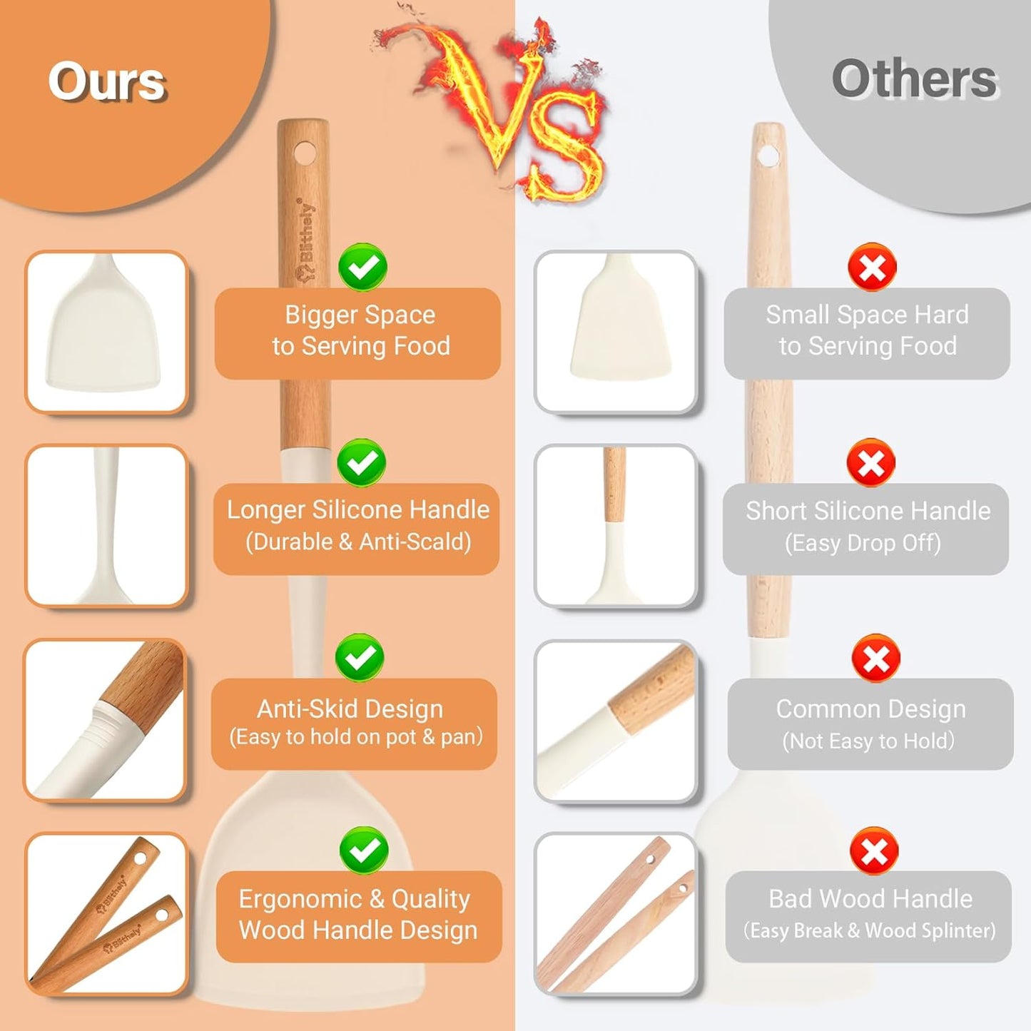 Silicone Cooking Utensils Set, 6 Pack Large Kitchen Utensils Set with Wooden Handle, Heat Resistant Silicone Utensil Spatula Set for Nonstick Cookware, Spatula, Turner, Spoon, Ladle BPA Free (White)