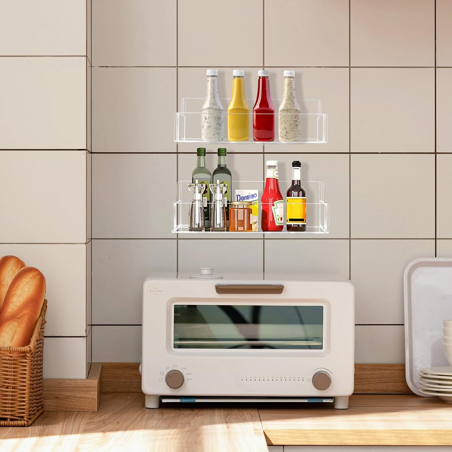 Acrylic Spice Rack Wall Mount-9 Inch, Clear Spice Shelf Storage Holder, 2 Pack Hanging Seasoning Rack Organizer for Cabinet Door, Cupboard or Wall Kitchen (Adhesive or Screw)