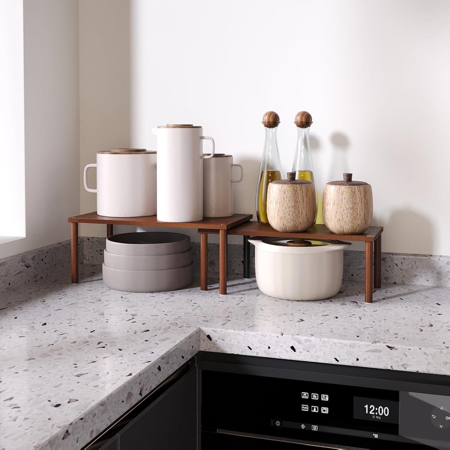 Cabinet Organizer Shelf(Set of 2),Kitchen Counter Shelves,Bamboo Spice Rack Countertop and Cabinet,Stackable Expandable,Large(Brown)