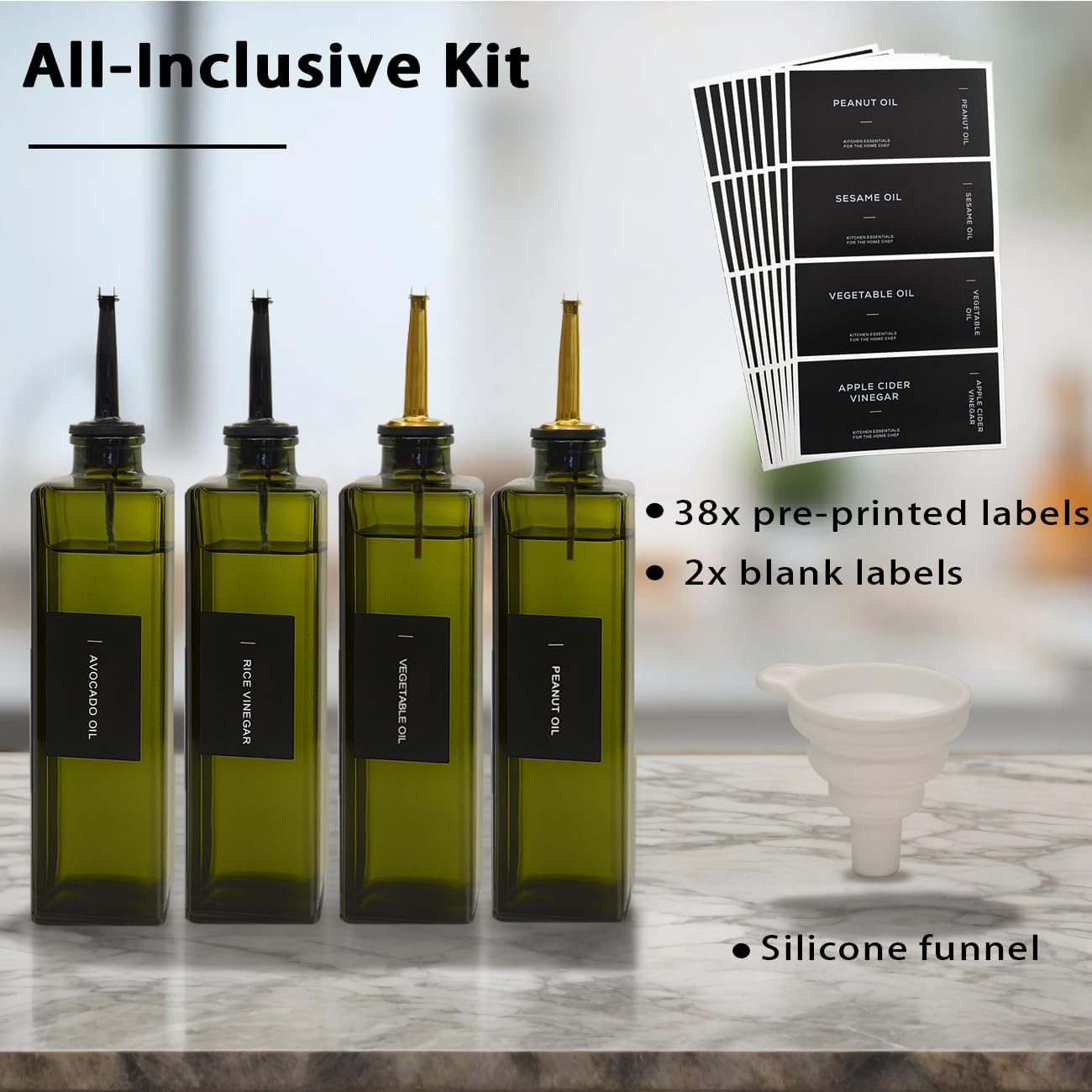 Olive Oil Dispenser Bottle for Kitchen 16.9oz, UV-Blocking Oil and Vinegar Dispenser Set, Leakproof Oil Container for Home, Restaurant (Green, Set of 4)