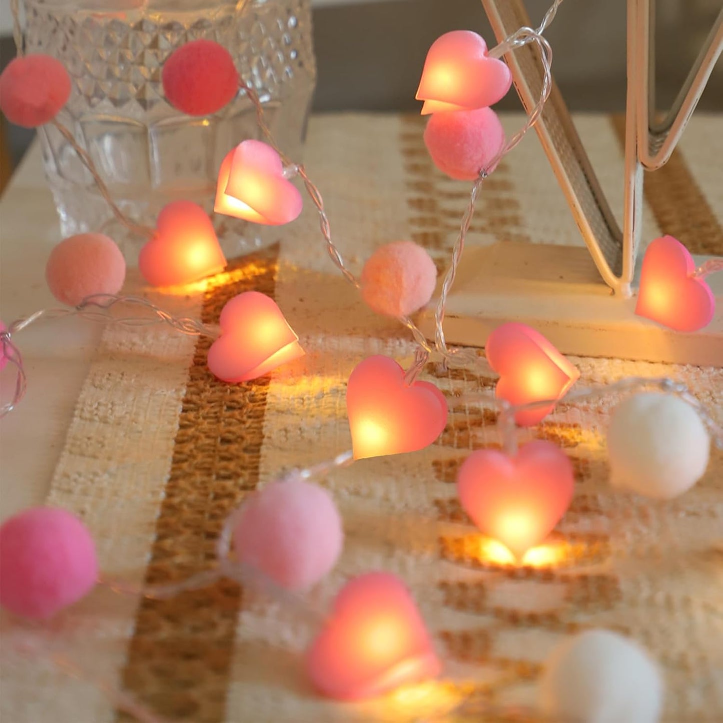 9.85Ft String Lights with 20 Pink Heart LEDs 20 Pink Pom Poms Garland Lights with Timer Valentine Decoration for Home Kid Bedroom Mother's Day Wedding Party Valentine's Day Decor