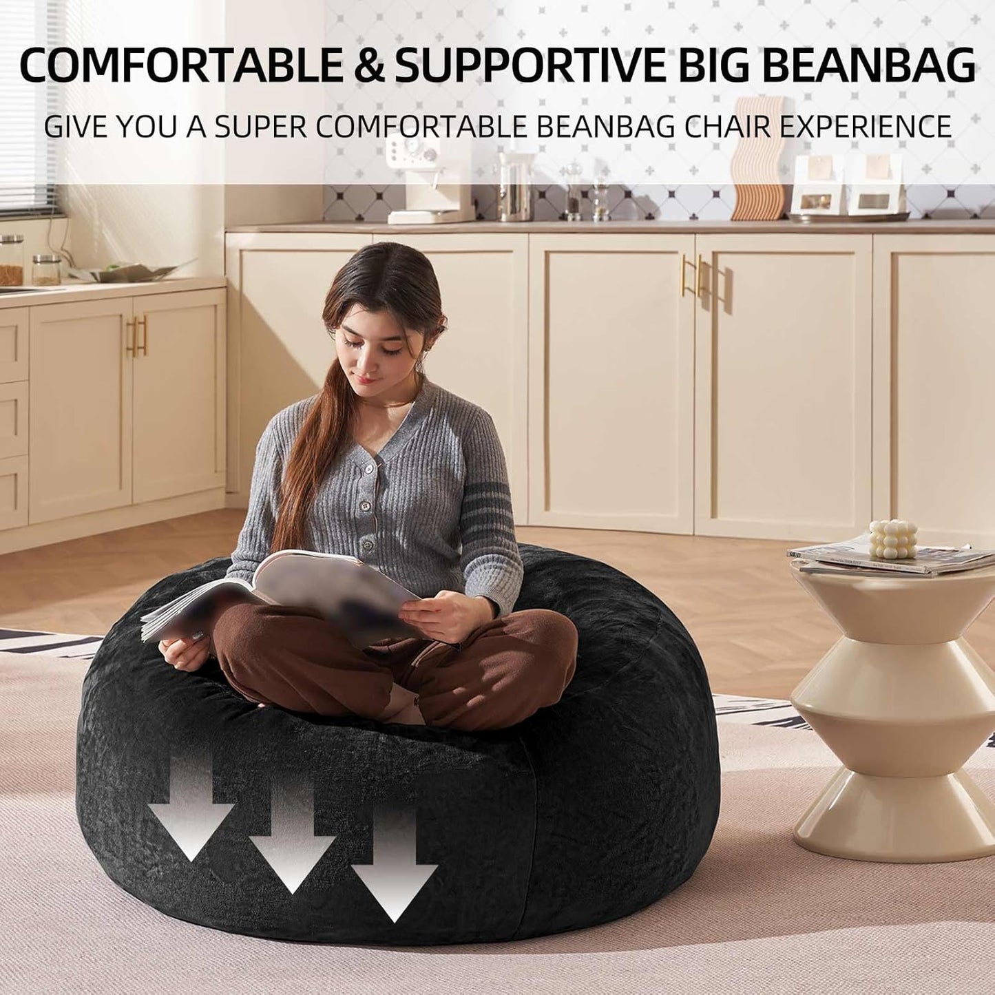 Bean Bag Chair 3Ft, Memory Foam Filled, Large Beanbag Chairs for Adults and Teens, Soft Sofa with Removable Flannel Cover, Round Couch for Living Room Bedroom College Dorm (Black, 3FT-36×36"×24")