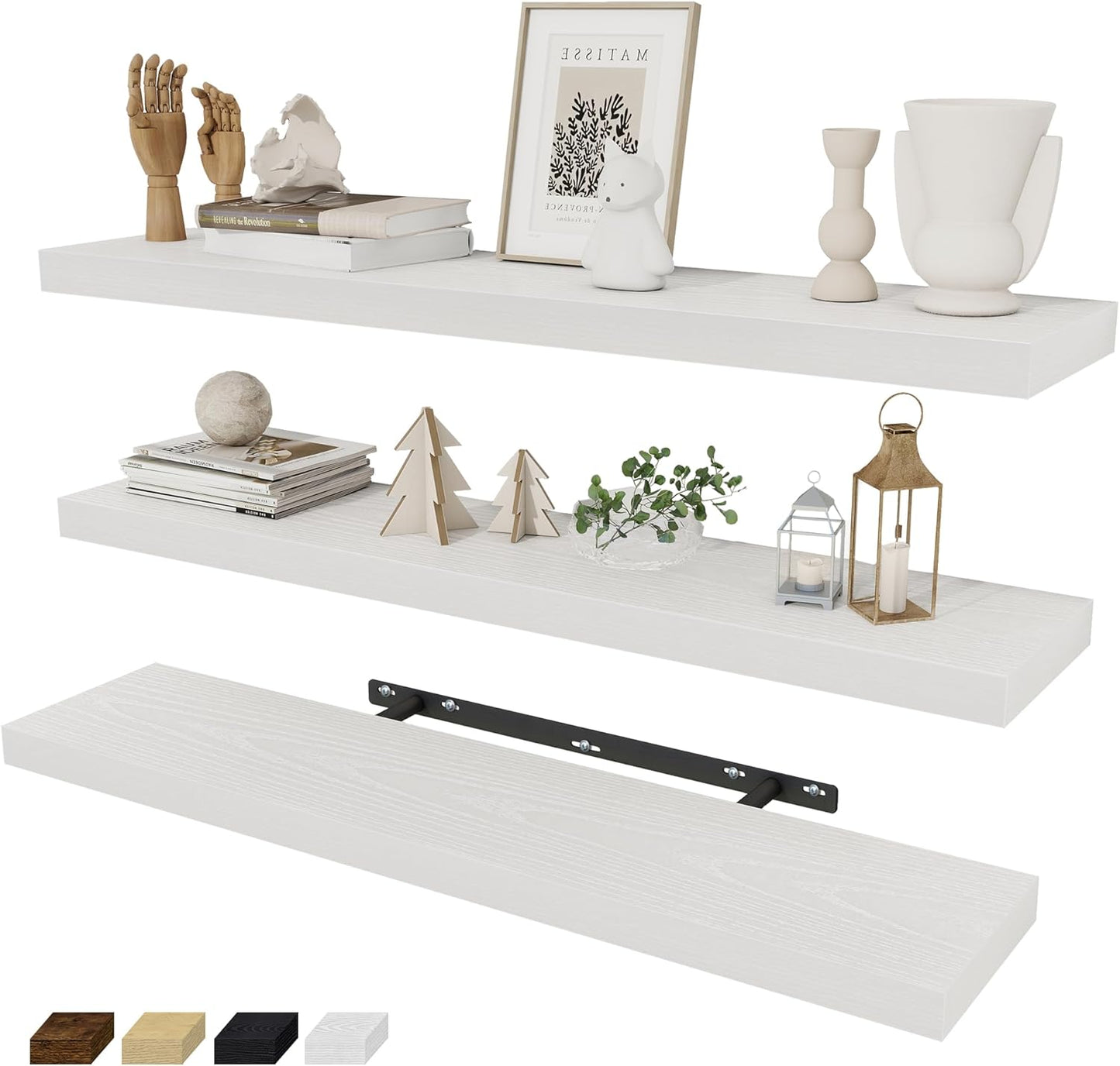 Fun Memories 32 Inch Floating Shelves Wall Shelf Set of 3, White Bathroom Shelves 32 Inch, Farmhouse Home Decor Living Room, Kitchen White Shelves for Wall, 32 x 6.7 x 1.4 Inch