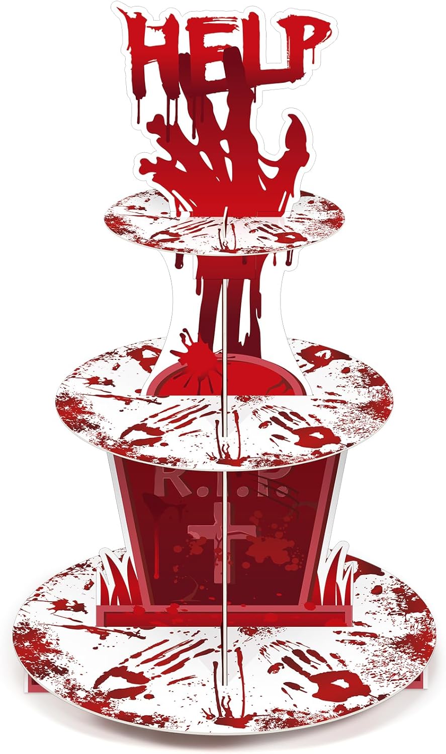 Sliner 3 Tier Halloween Bloody Cupcake Stand Party Decorations Bloodys Handprint Cupcake Holder Halloweens Bloodys Help Cake Holder Bloody Theme Dessert Stand for Horror Scary Party Supplies