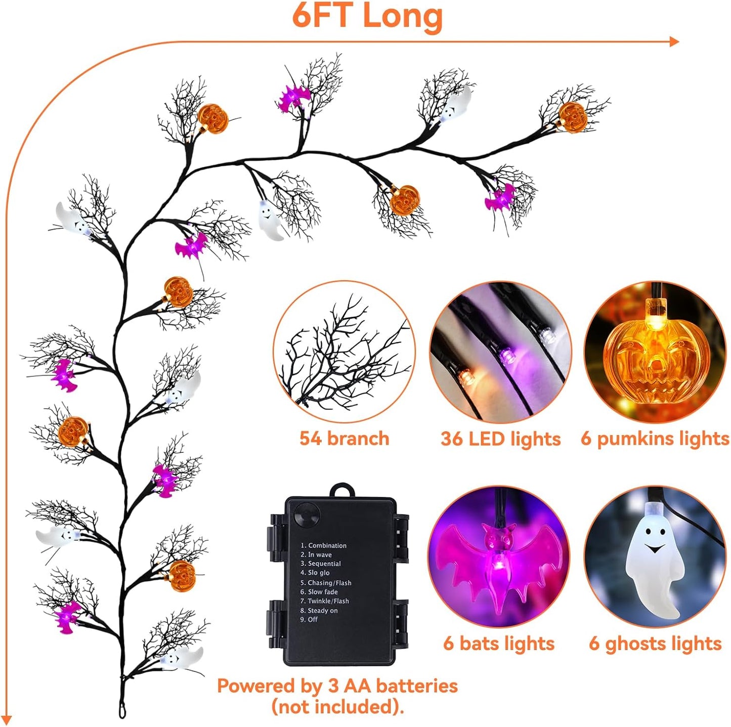 [8 Modes&Timer] 6Ft 45LED Halloween Willow Vine Twig Garland with Orange Lights - Battery Operated, Waterproof Halloween Decor for Indoor Wall, Fireplace Mantle, Home Party (Pumpkins&Bats&Ghosts, 6FT)