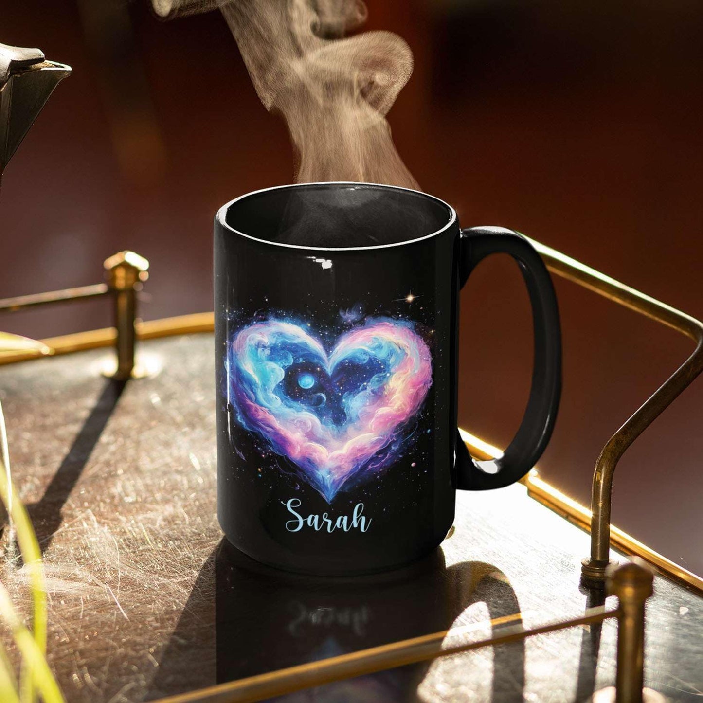Personalized Love Heart Ceramic Mug, Custom Name Black Cup 11oz Or 15oz, Customized Celestial Themed Coffee Mug, Valentine's Day Themed Keepsake Cup, Gift For Him Her, Heart Mug