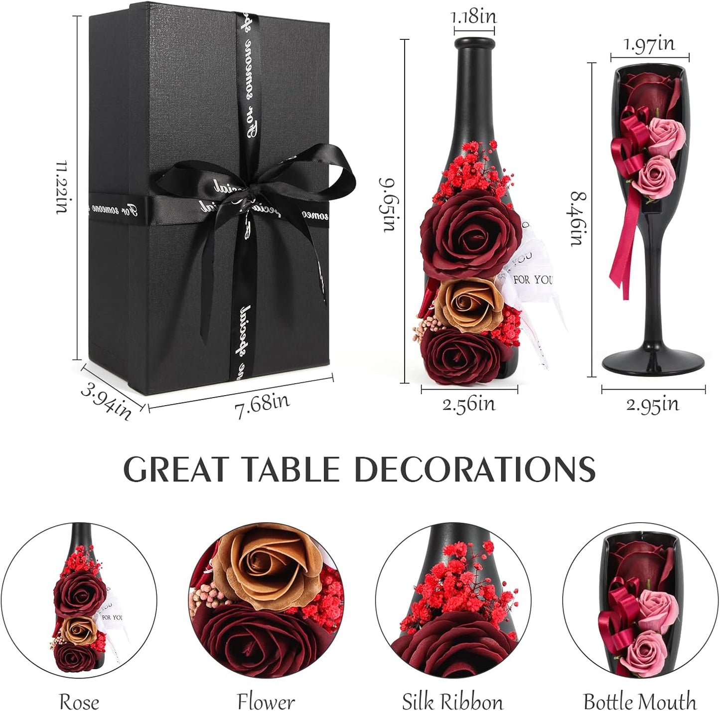 Valentines Day Gift Red Rose Fake Flowers Wine Bottle Vase Rose Glass Artificial Flowers for Home Table Decor Office Decoration Preserved Rose Flowers For Her Womens Valentines Decoration Set of 2