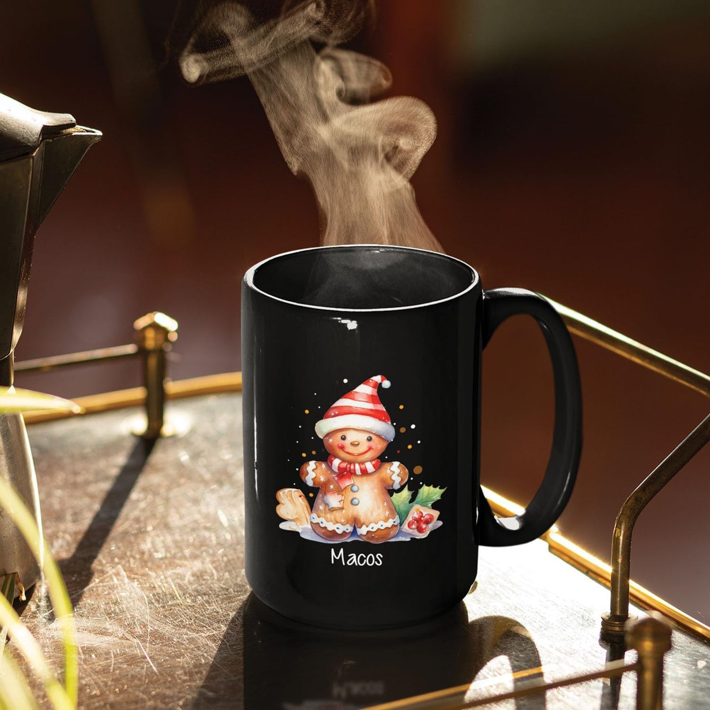 Watercolor Christmas Gingerbread Design Mug, Custom Gingerbread Lover Black Cup, Customized Christmas Coffee Mug With Name, Gift For Boy Girl, Personalized Gingerbread Lover Cup 11oz 15oz