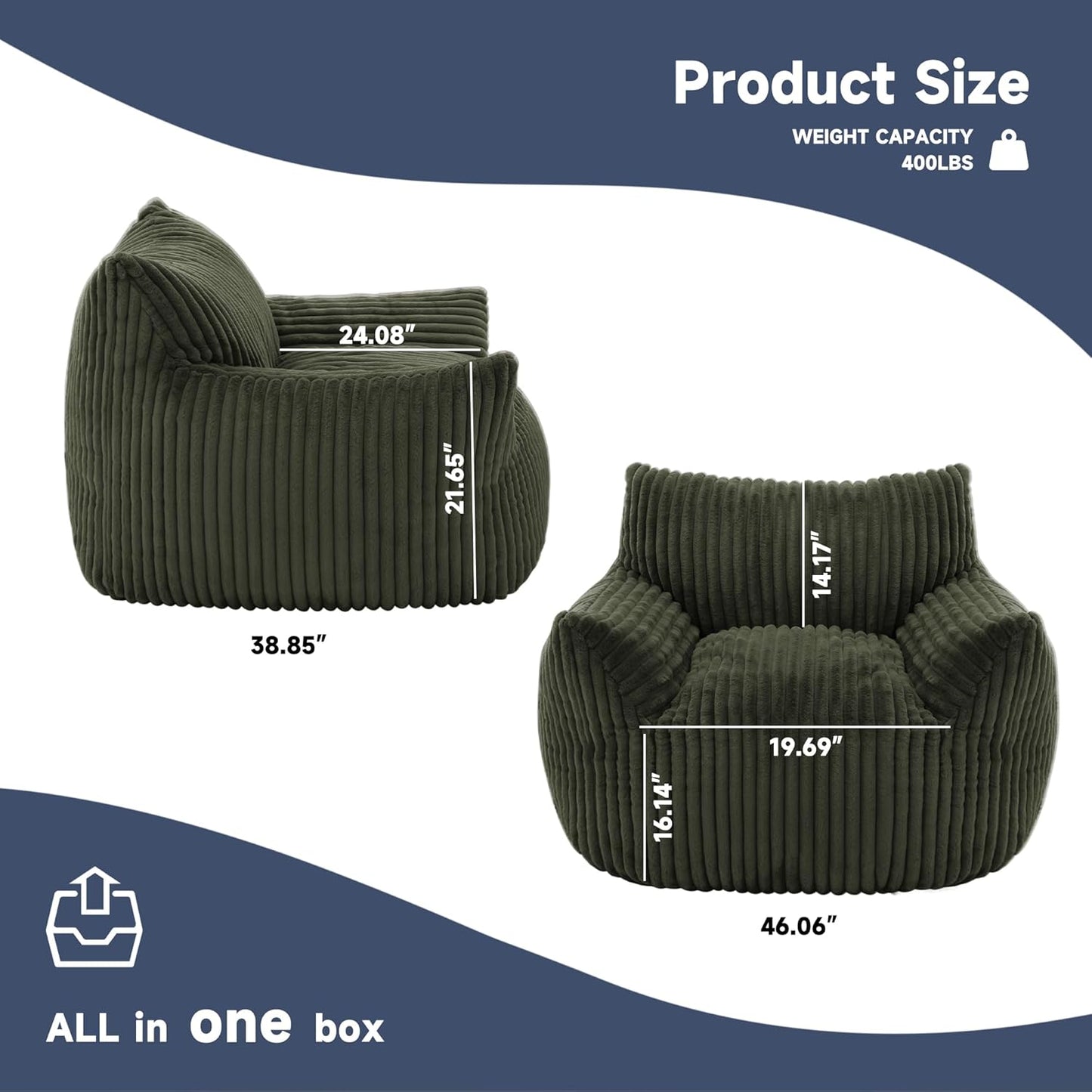 Oversized Bean Bag Chair for Adults, Giant Comfy Plush Boneless Bean Bag Couch with Filler for Kids - Reading Chair for Living Room, Bedroom & Dorm, Single Accent Chair Floor Lounger, Green